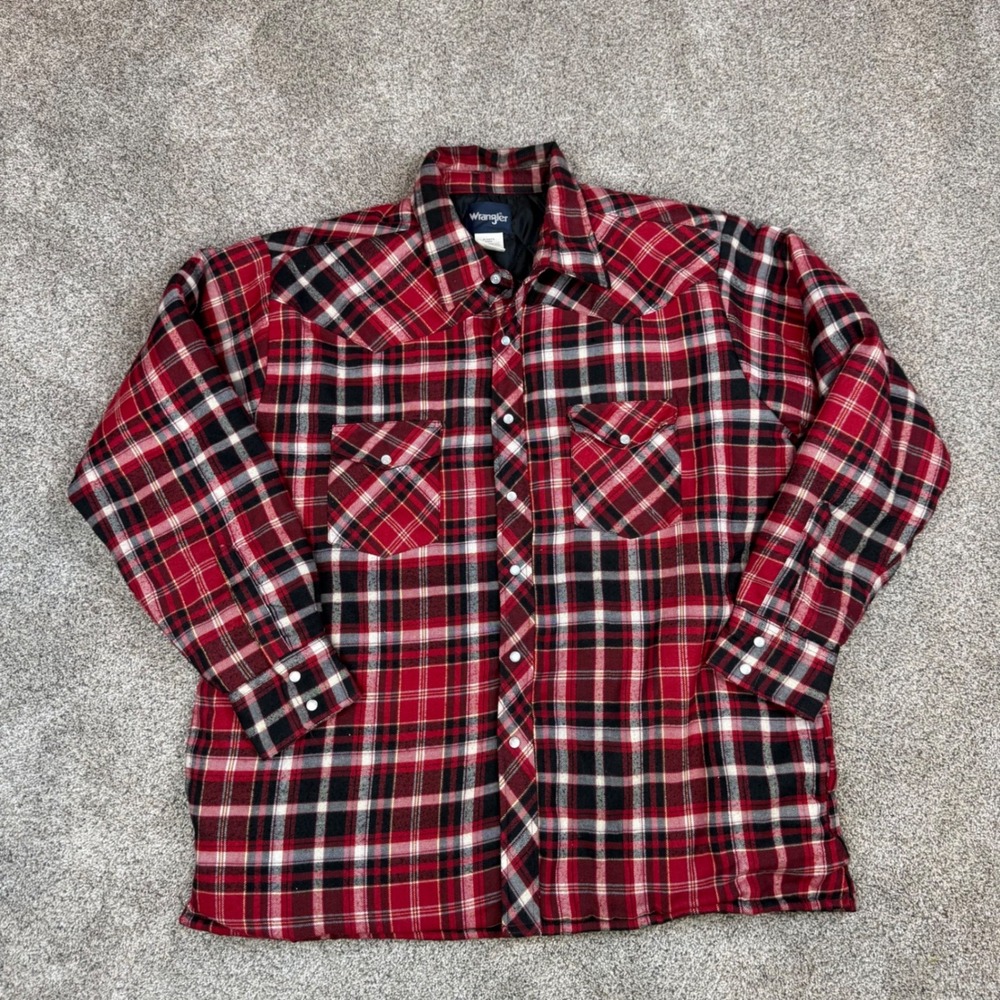 Wrangler Mens Red Plaid Quilted Lined Flannel Shirt Jacket Western Snap XL